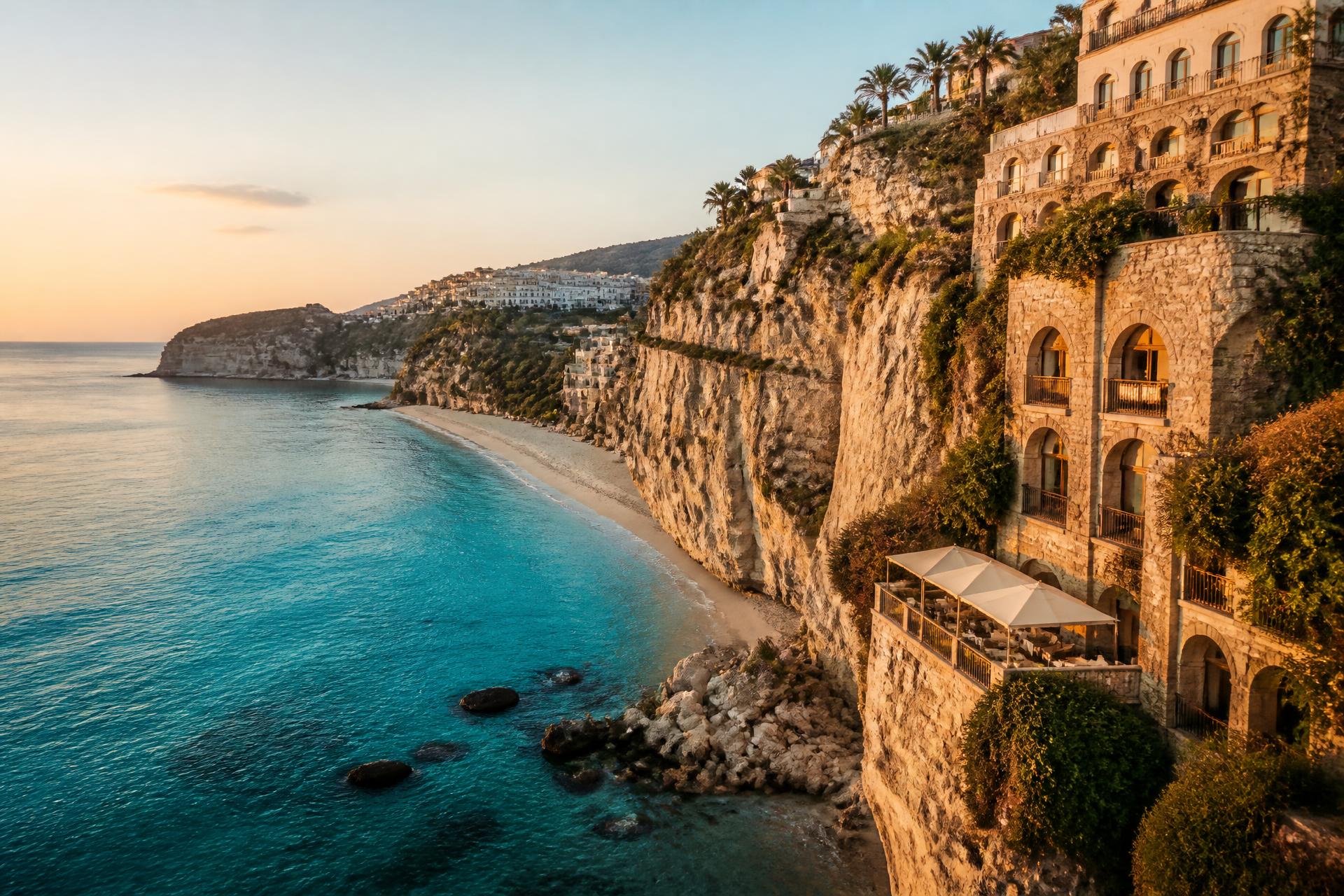 Costa calabra: rupe, spiaggia e mare tirreno al tramonto