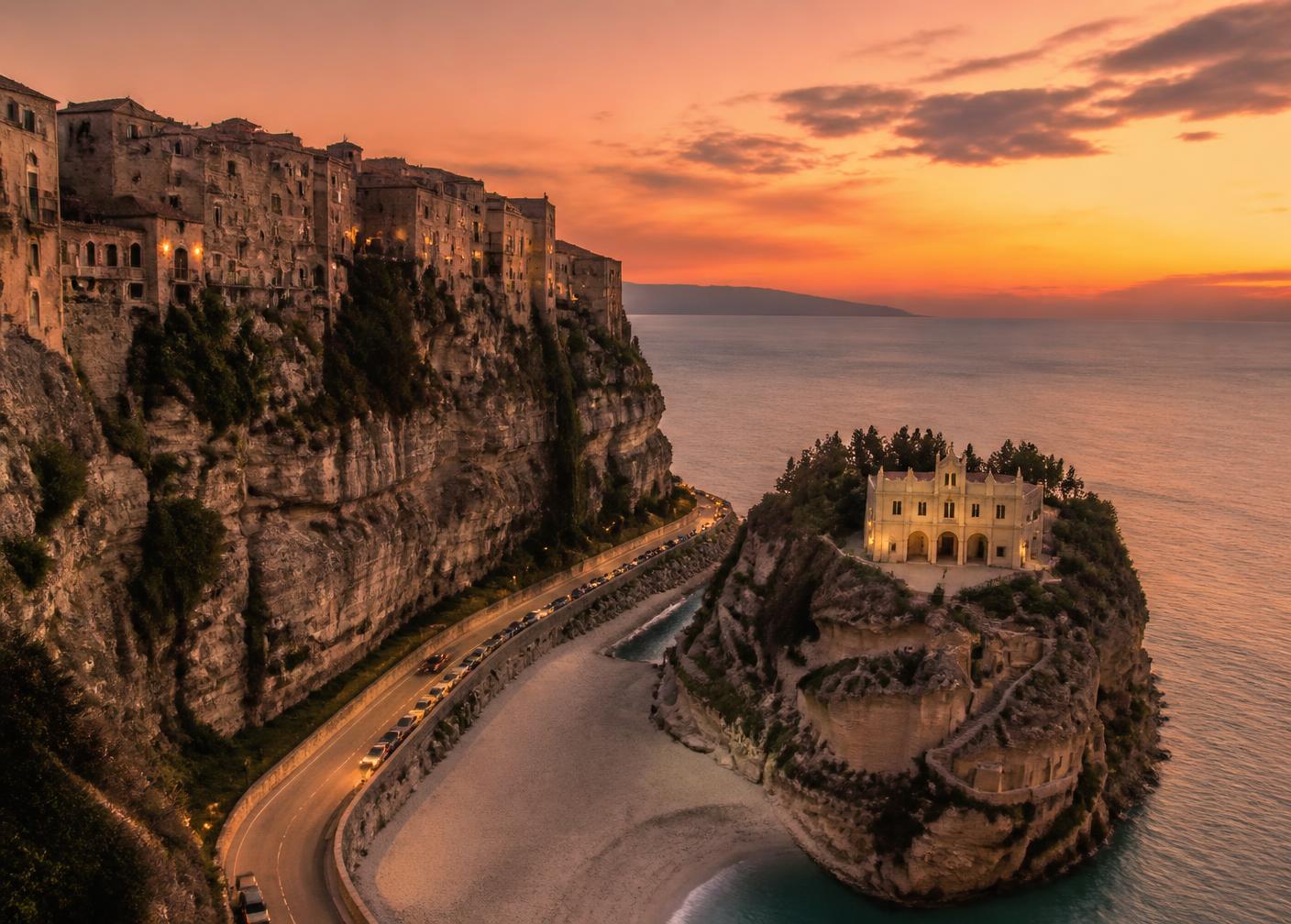 Tropea al tramonto: centro storico sulla rupe e Santa Maria dell'Isola
